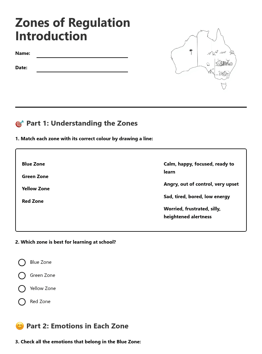 Zones of Regulation Introduction worksheet preview