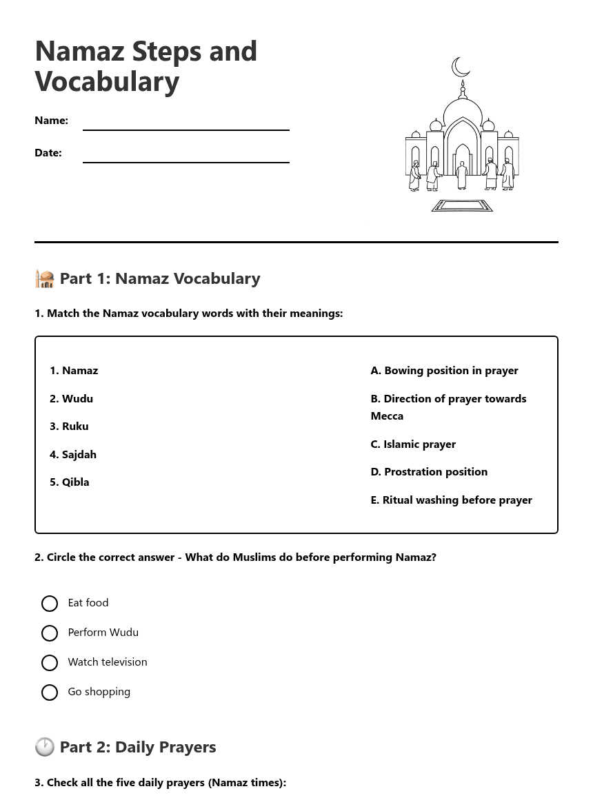 Namaz Steps and Vocabulary worksheet preview