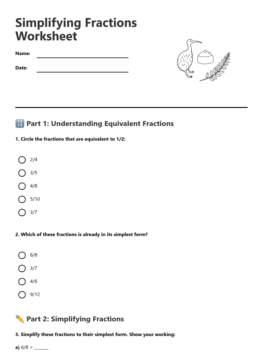 Simplifying Fractions Worksheet worksheet preview