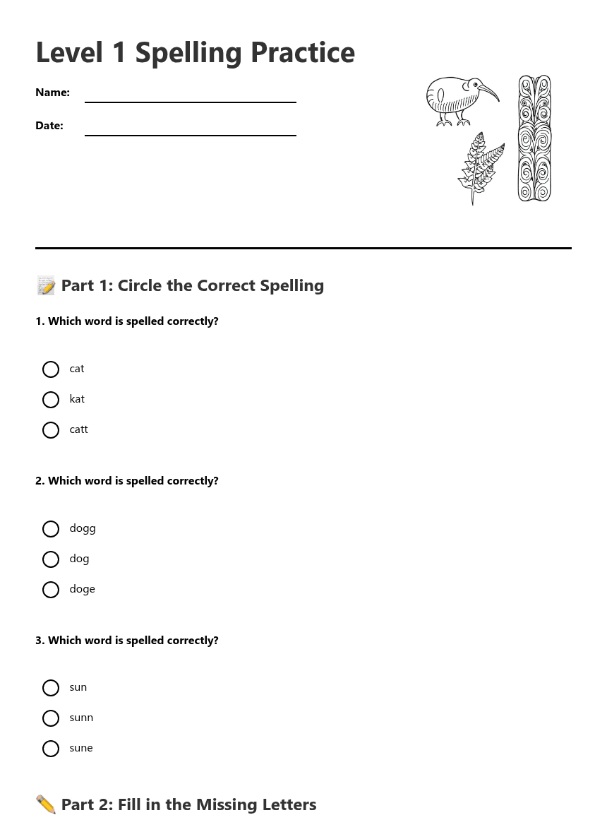 Level 1 Spelling Practice worksheet preview
