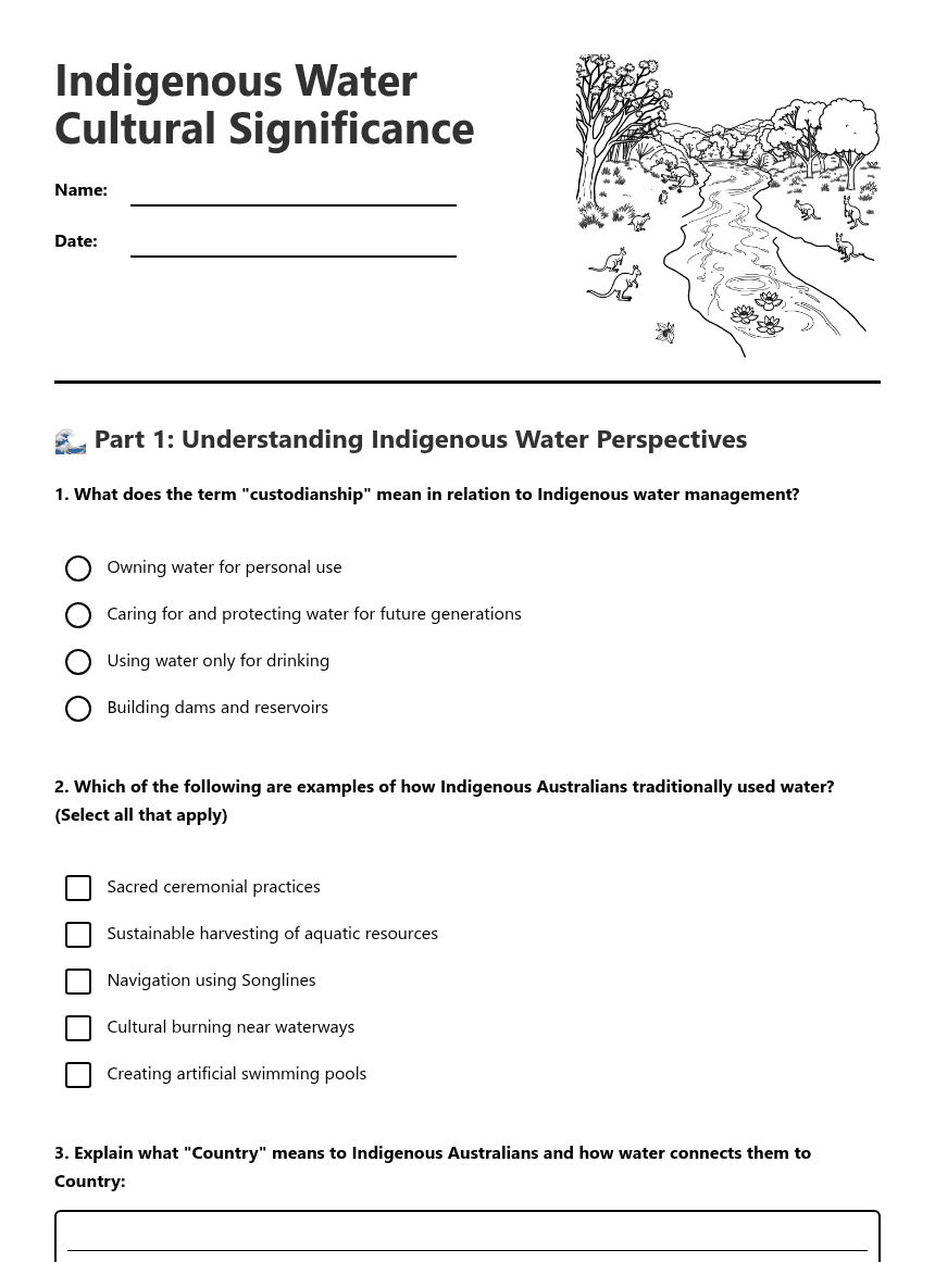 Indigenous Water Cultural Significance worksheet preview
