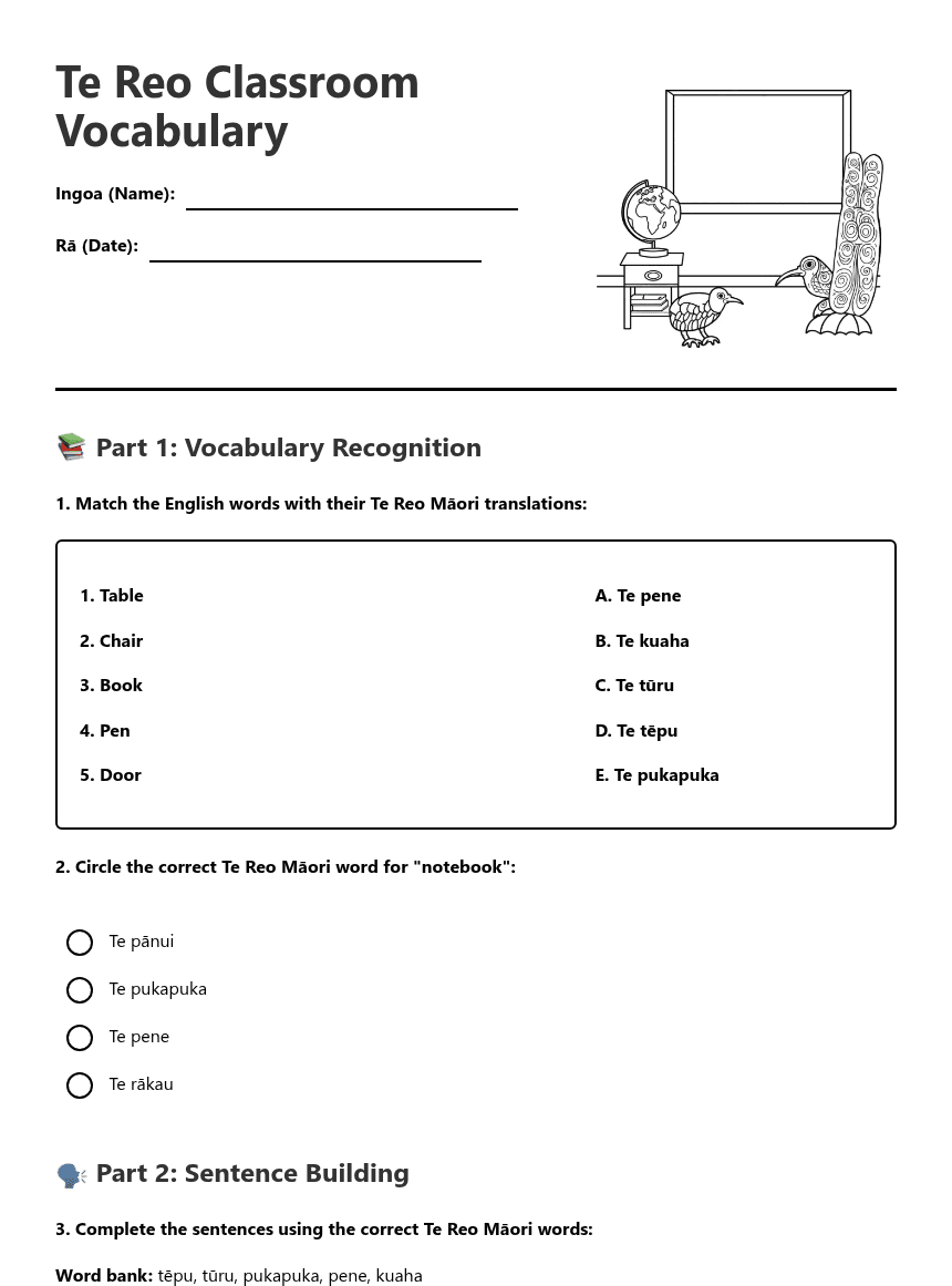 Te Reo Classroom Vocabulary worksheet preview