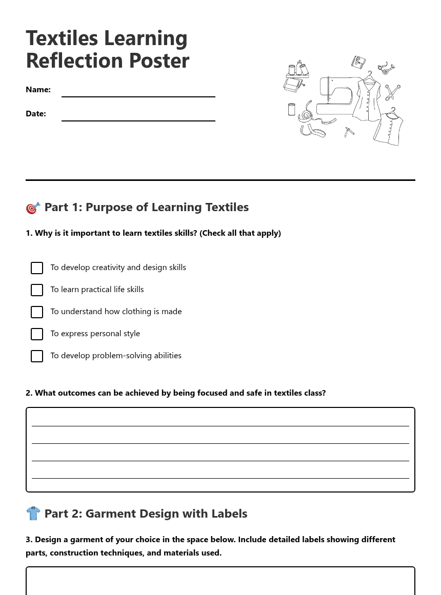 Textiles Learning Reflection Poster worksheet preview