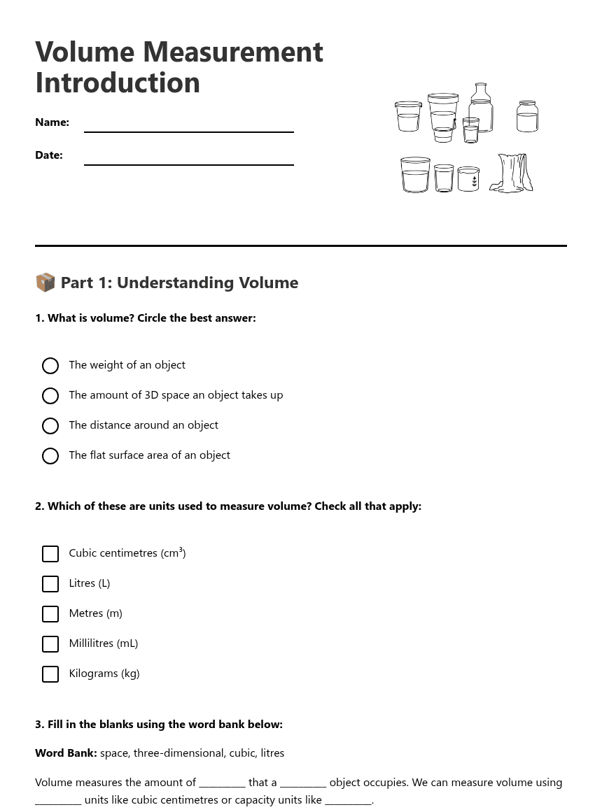 Volume Measurement Introduction worksheet preview