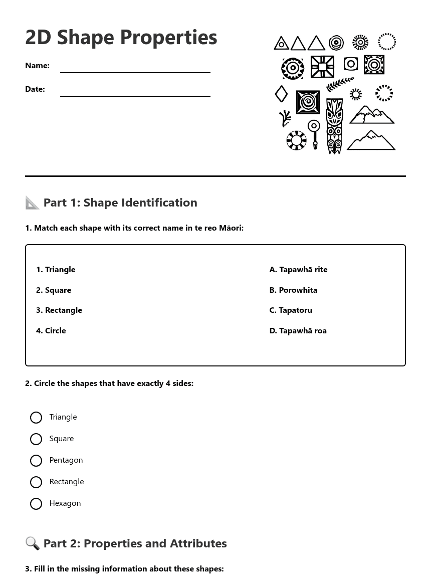 2D Shape Properties worksheet preview