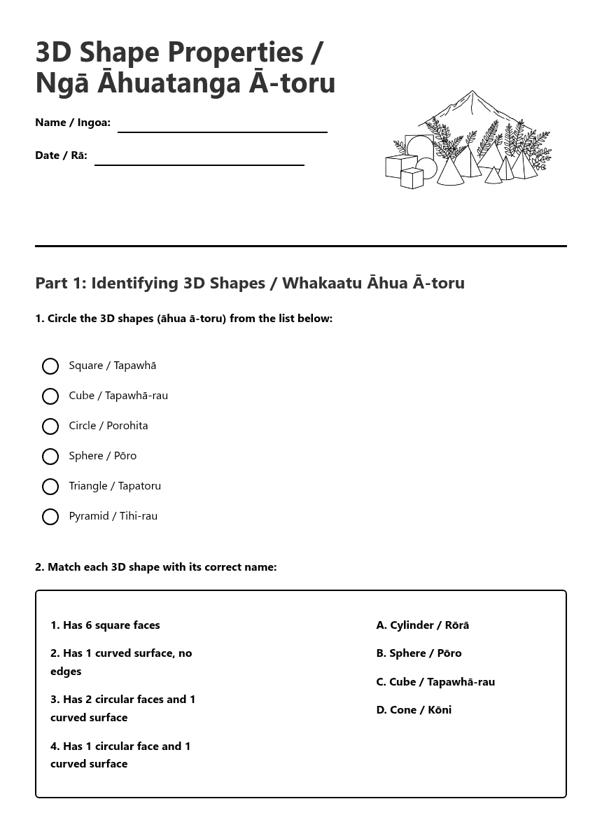 3D Shape Properties worksheet preview