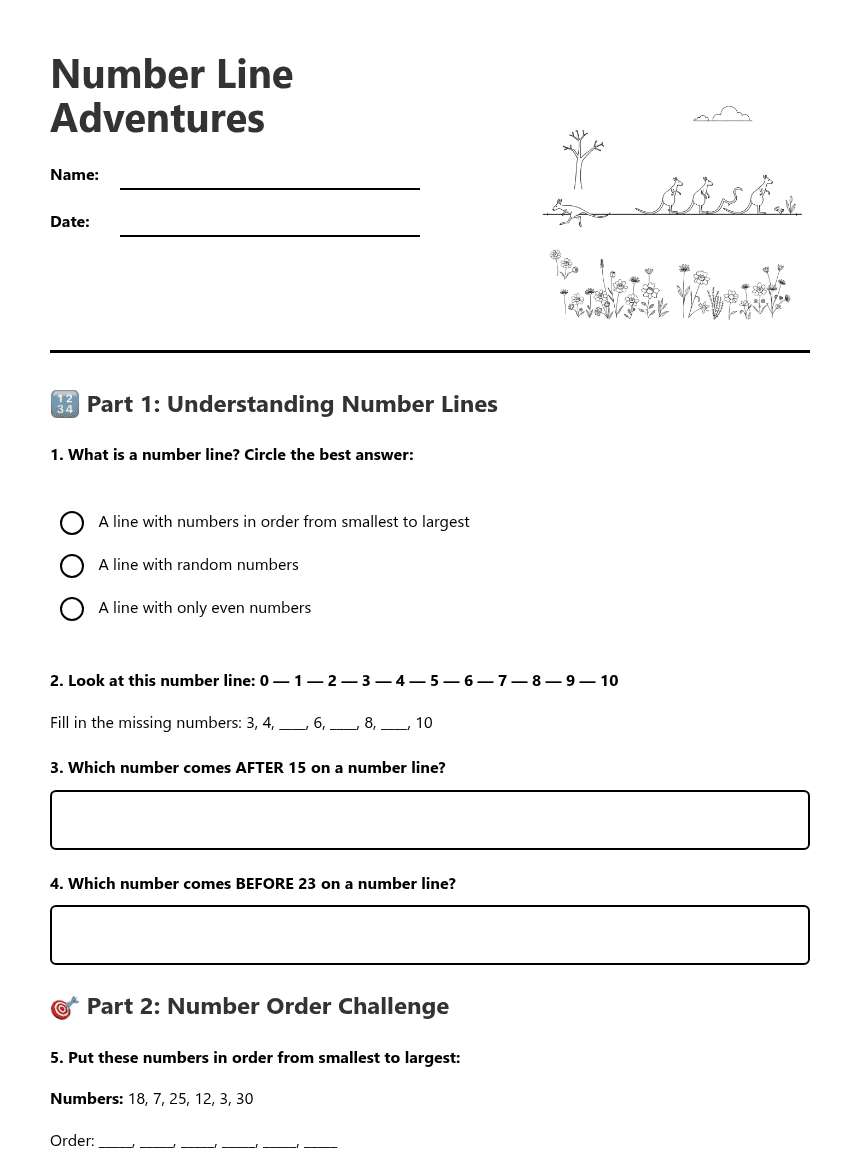 Number Line Adventures worksheet preview