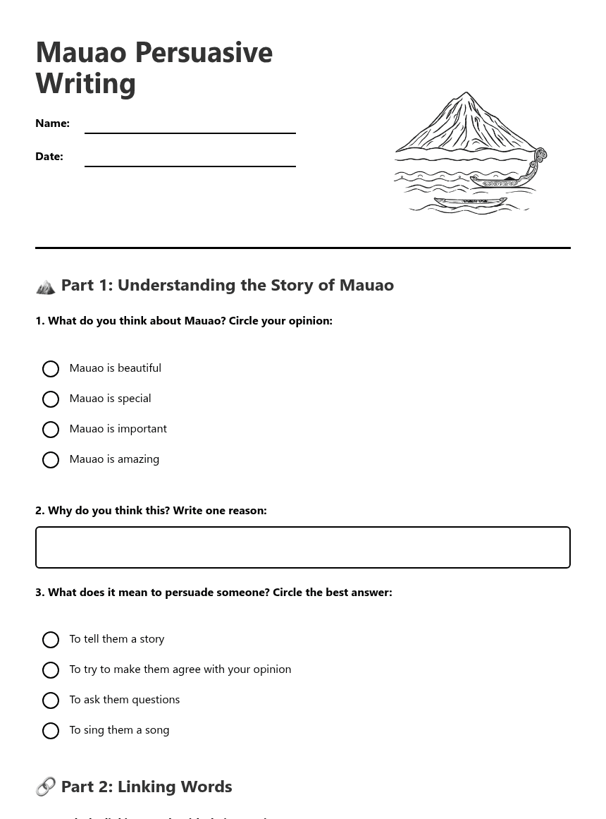 Mauao Persuasive Writing worksheet preview