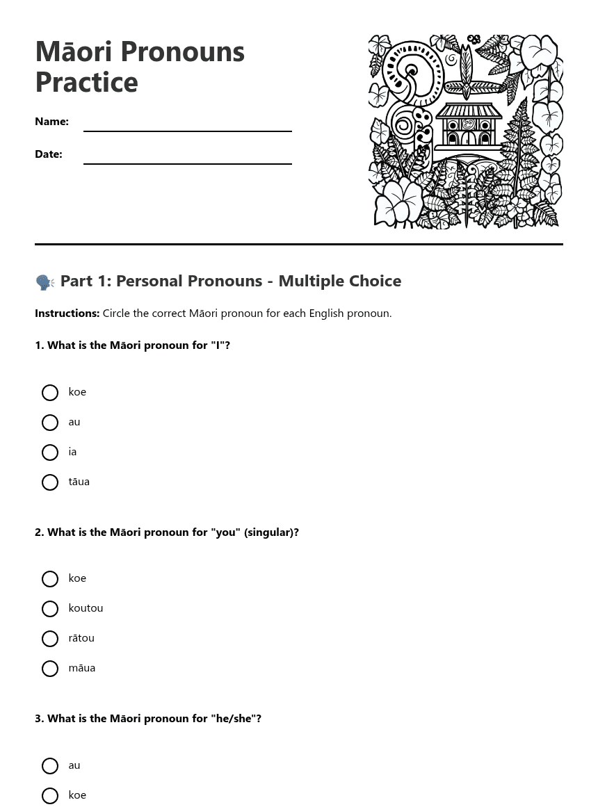 Māori Pronouns Practice worksheet preview