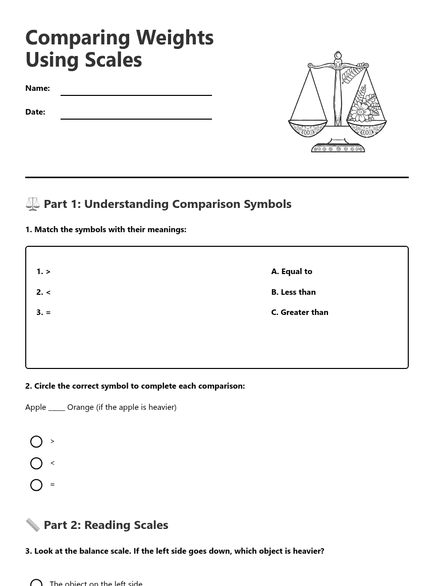 Comparing Weights Using Scales worksheet preview