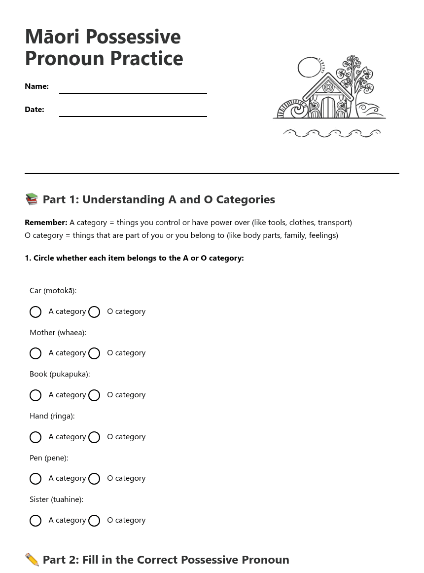 Māori Possessive Pronoun Practice worksheet preview