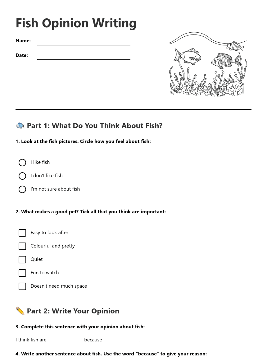 Fish Opinion Writing worksheet preview