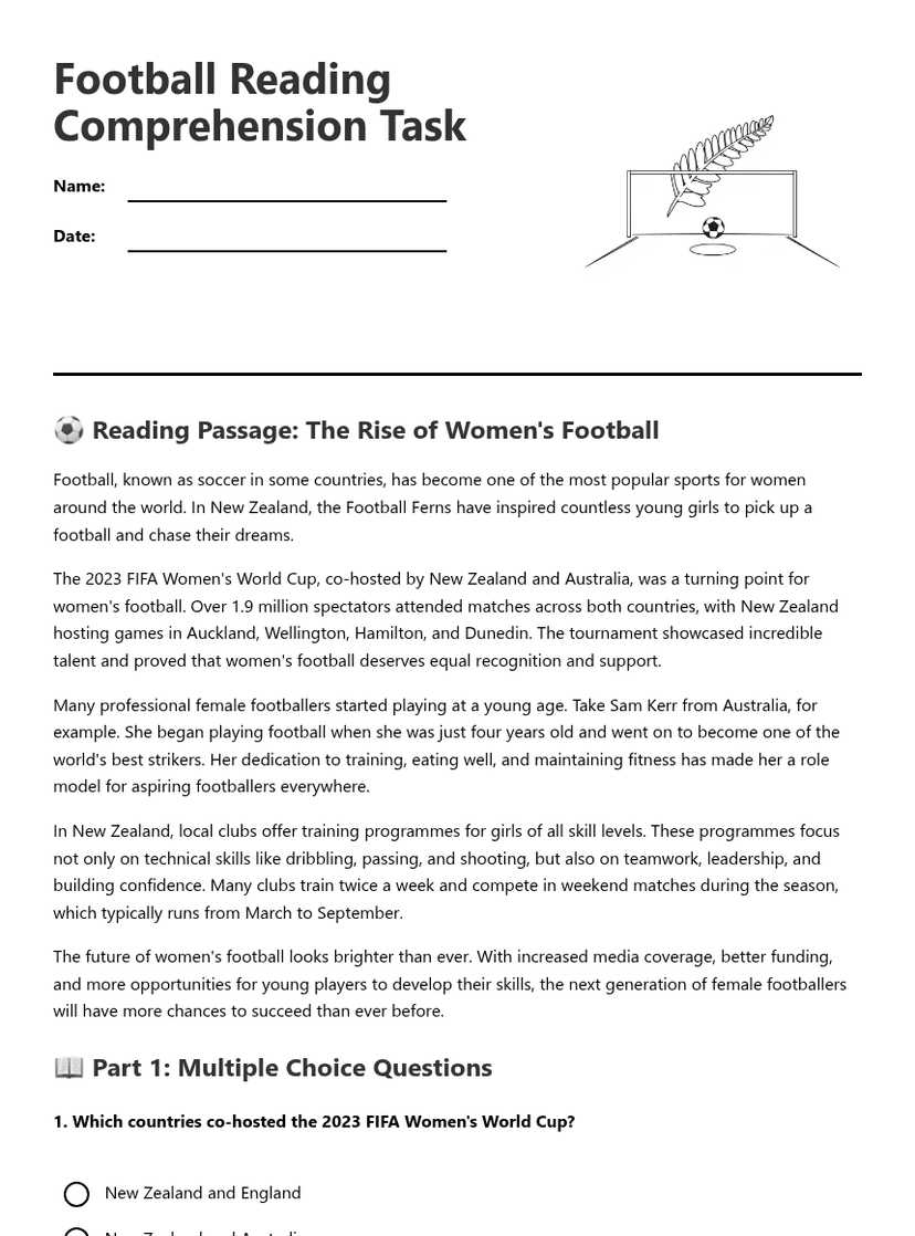 Football Reading Comprehension Task