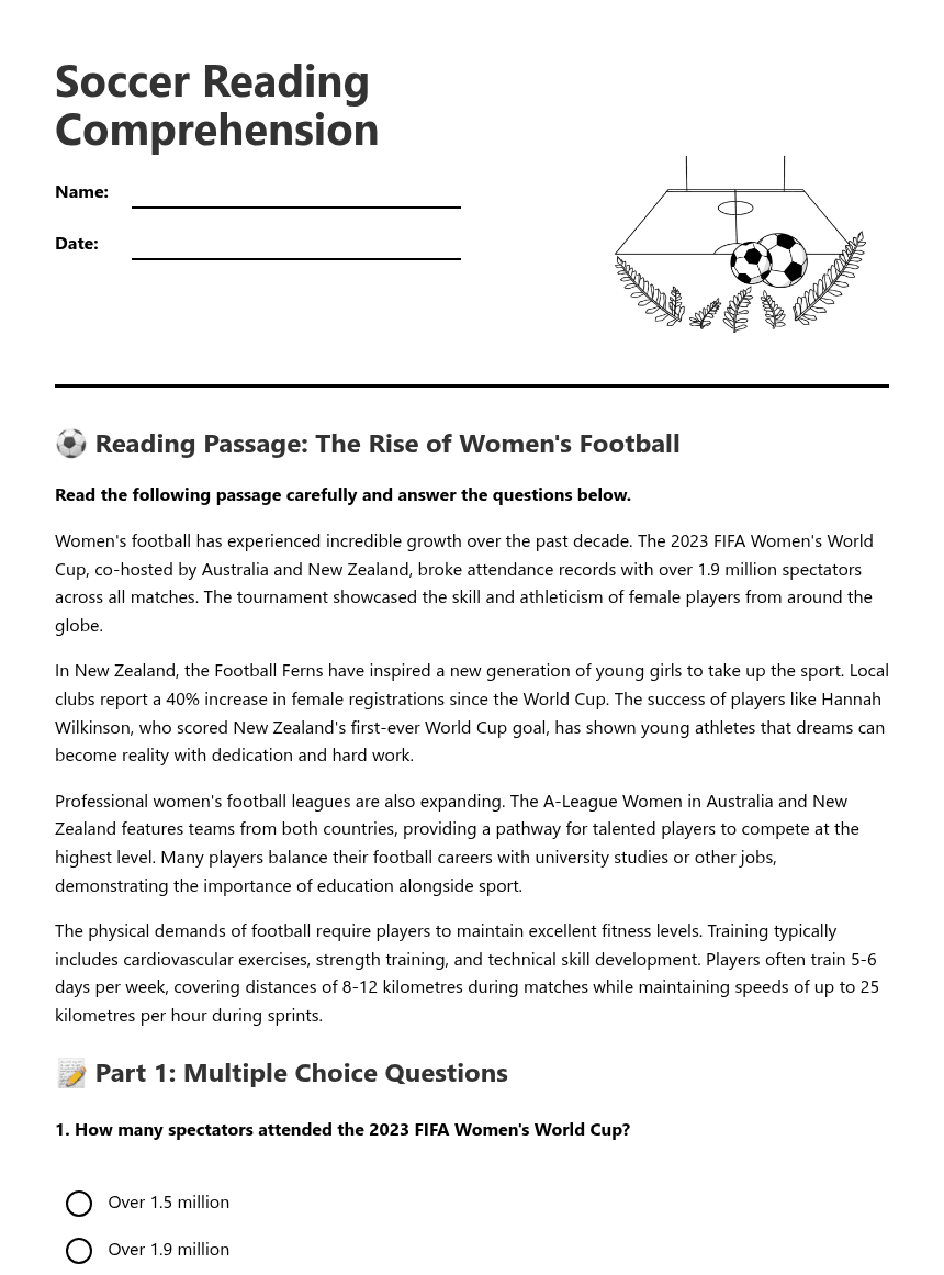 Soccer Reading Comprehension worksheet preview