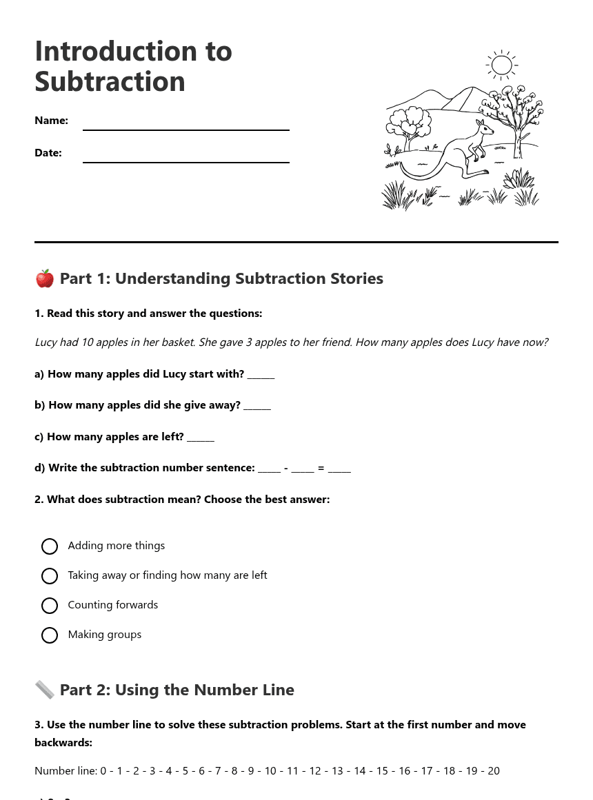 Introduction to Subtraction worksheet preview