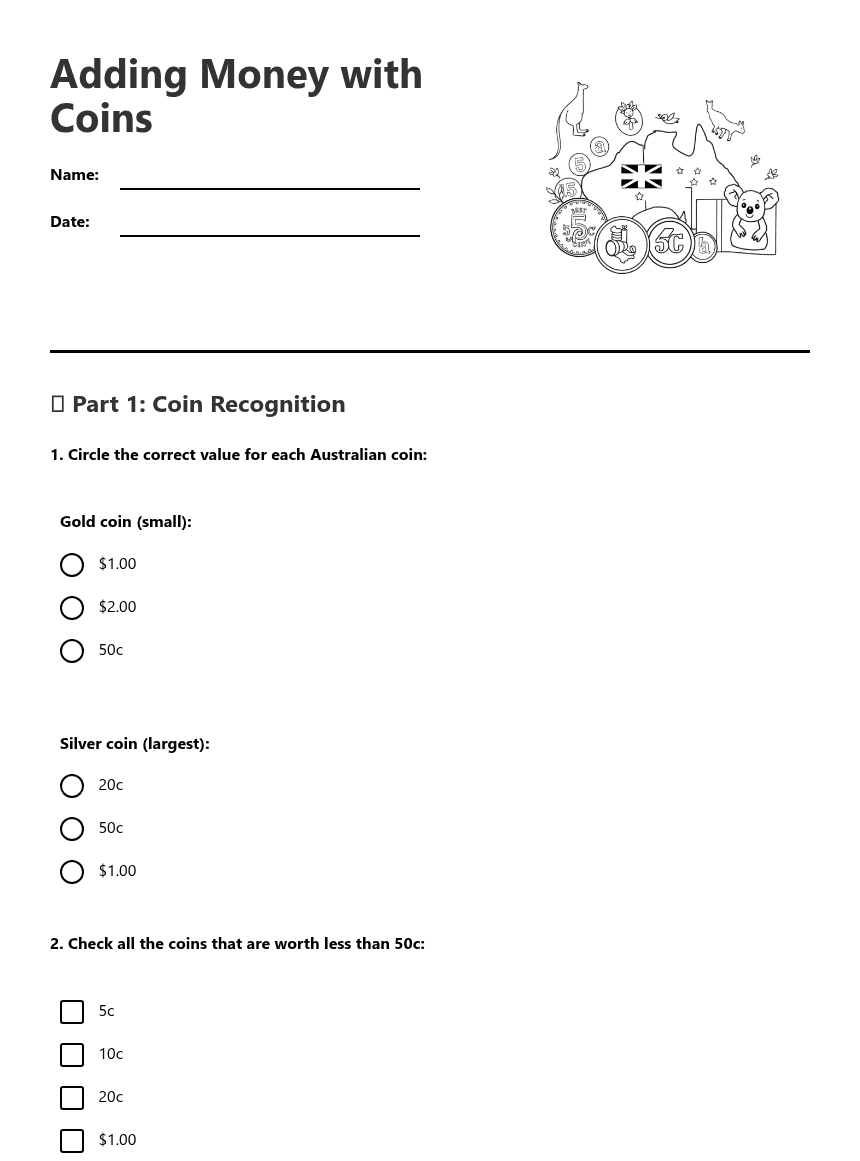 Adding Money with Coins worksheet preview