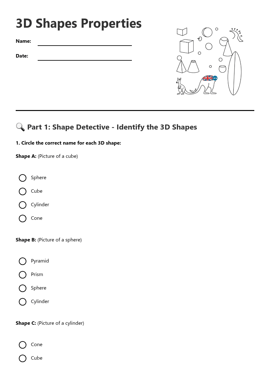 3D Shapes Properties worksheet preview