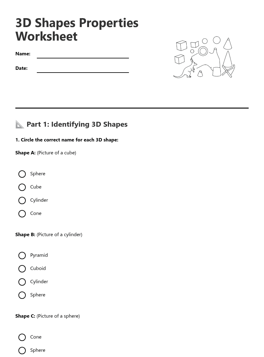 3D Shapes Properties Worksheet worksheet preview
