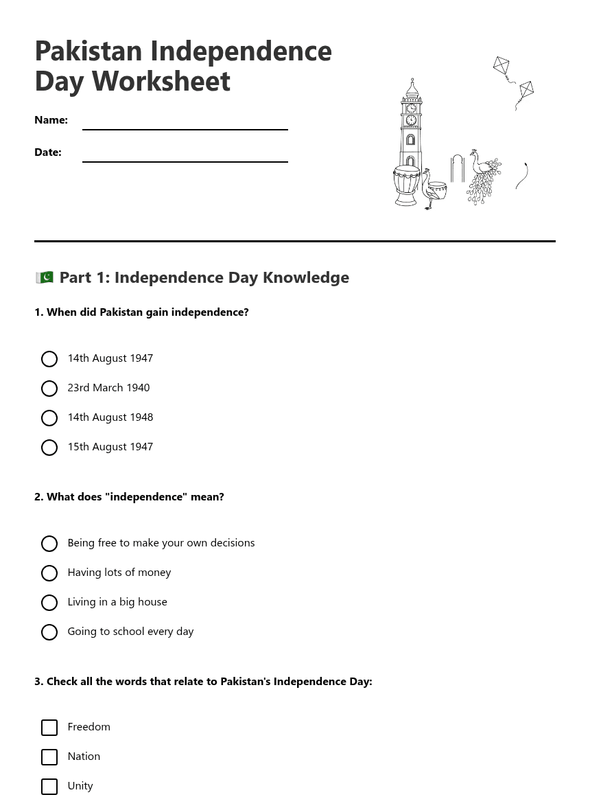 Pakistan Independence Day Worksheet worksheet preview
