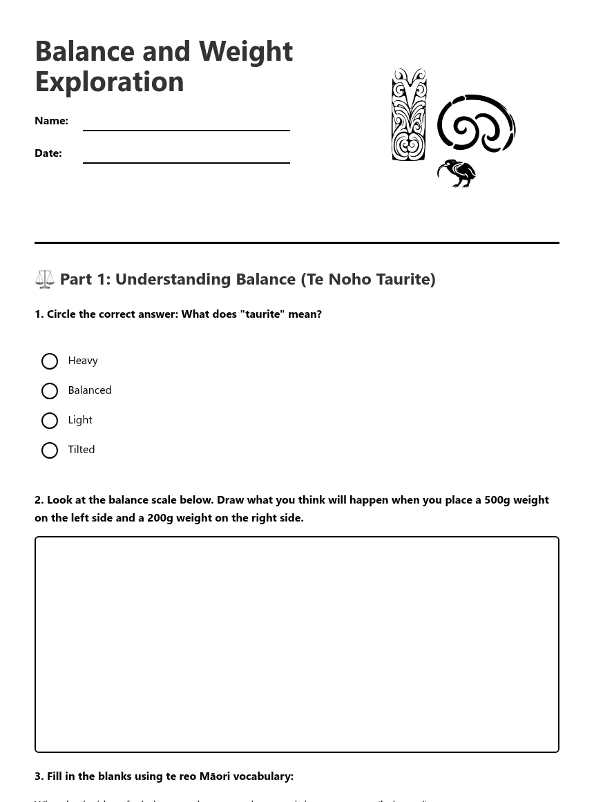 Balance and Weight Exploration worksheet preview