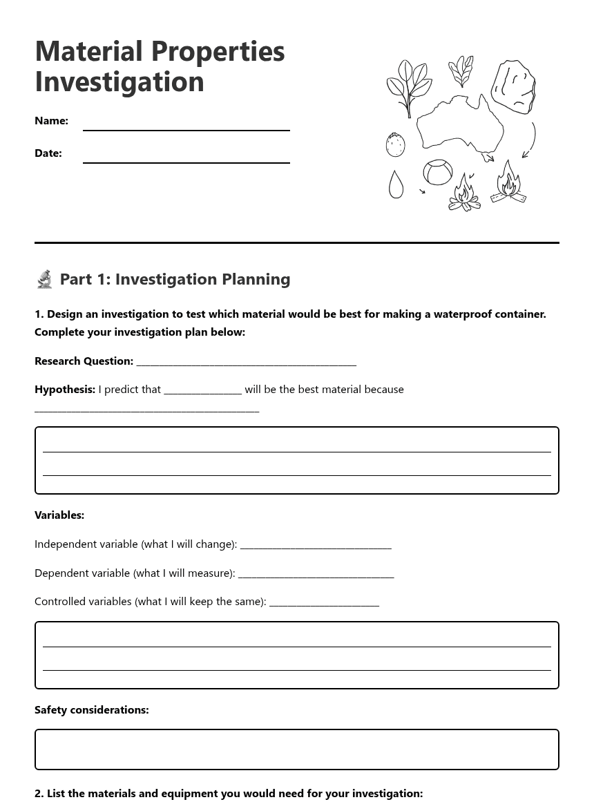 Material Properties Investigation worksheet preview