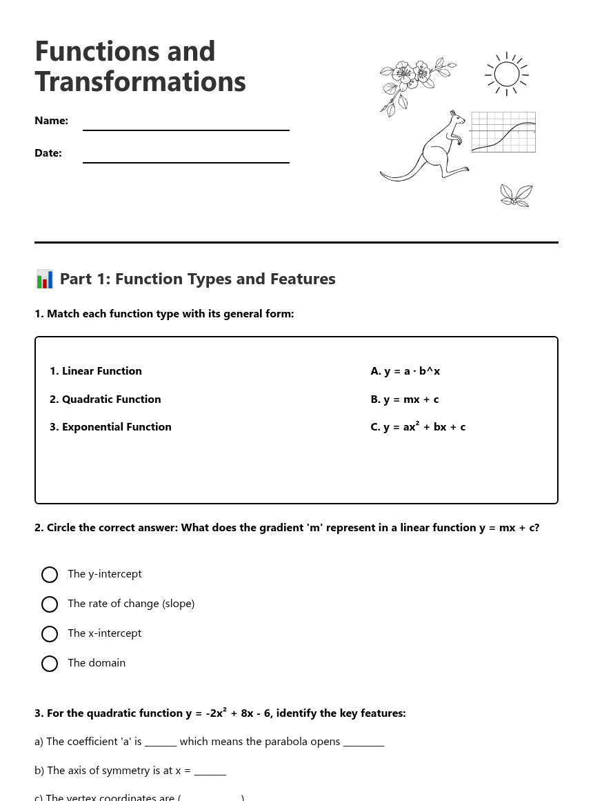 Functions and Transformations worksheet preview