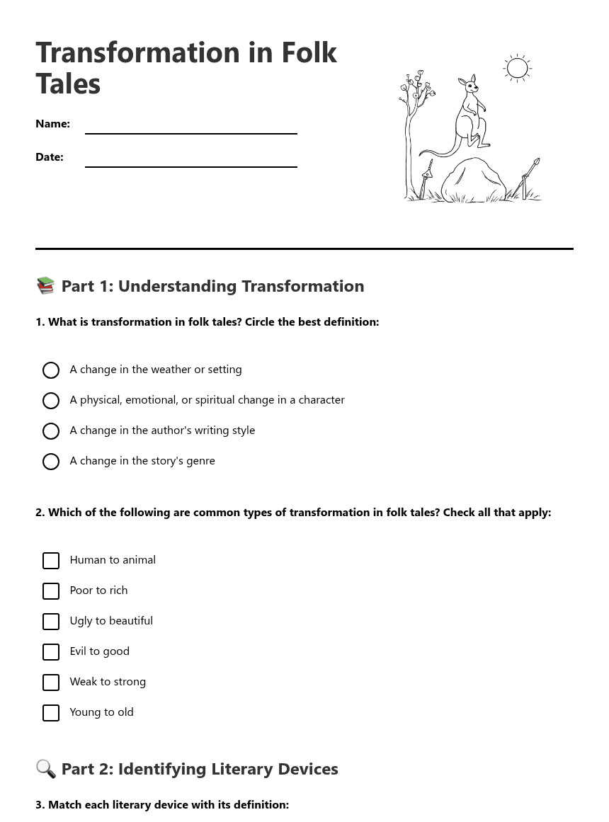 Transformation in Folk Tales worksheet preview