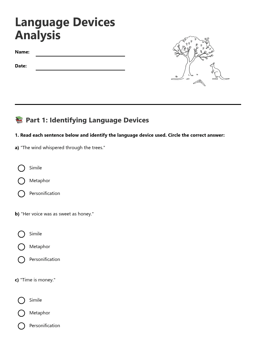 Language Devices Analysis worksheet preview