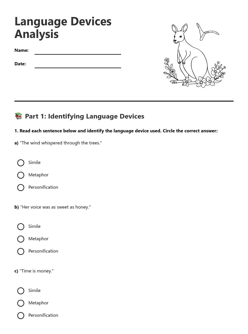 Language Devices Analysis worksheet preview
