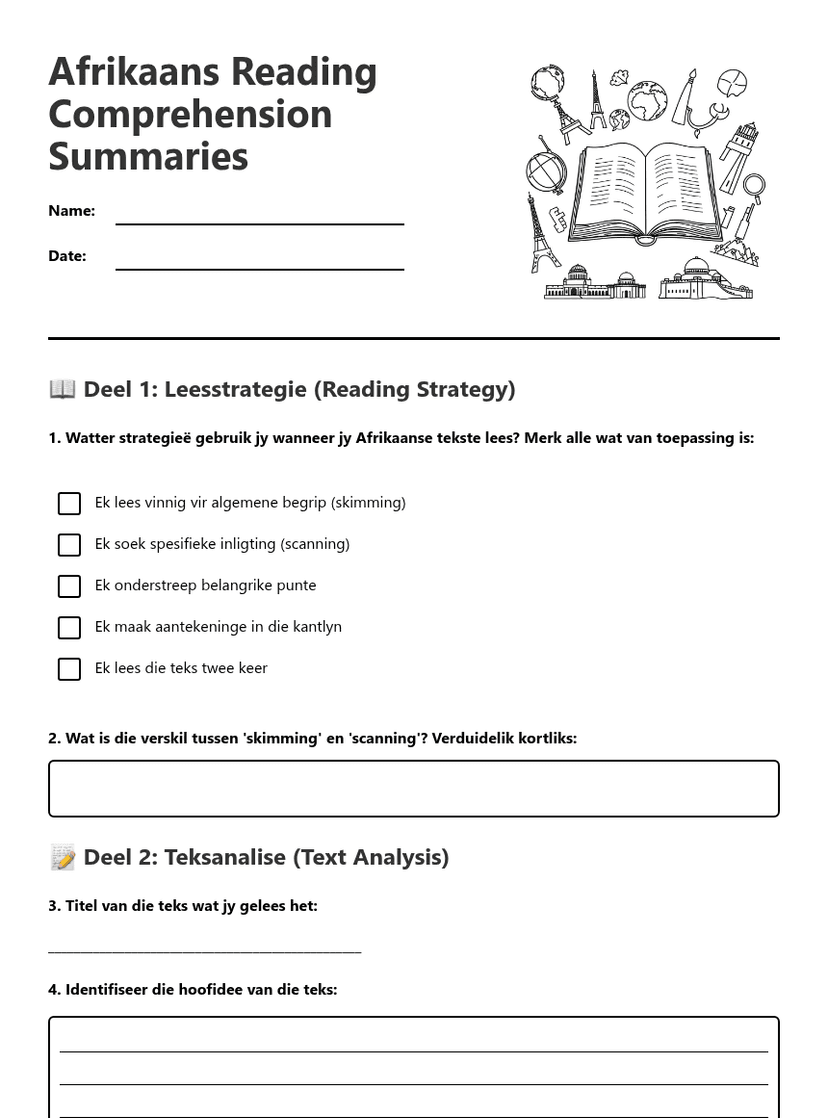 Afrikaans Reading Comprehension Summaries
