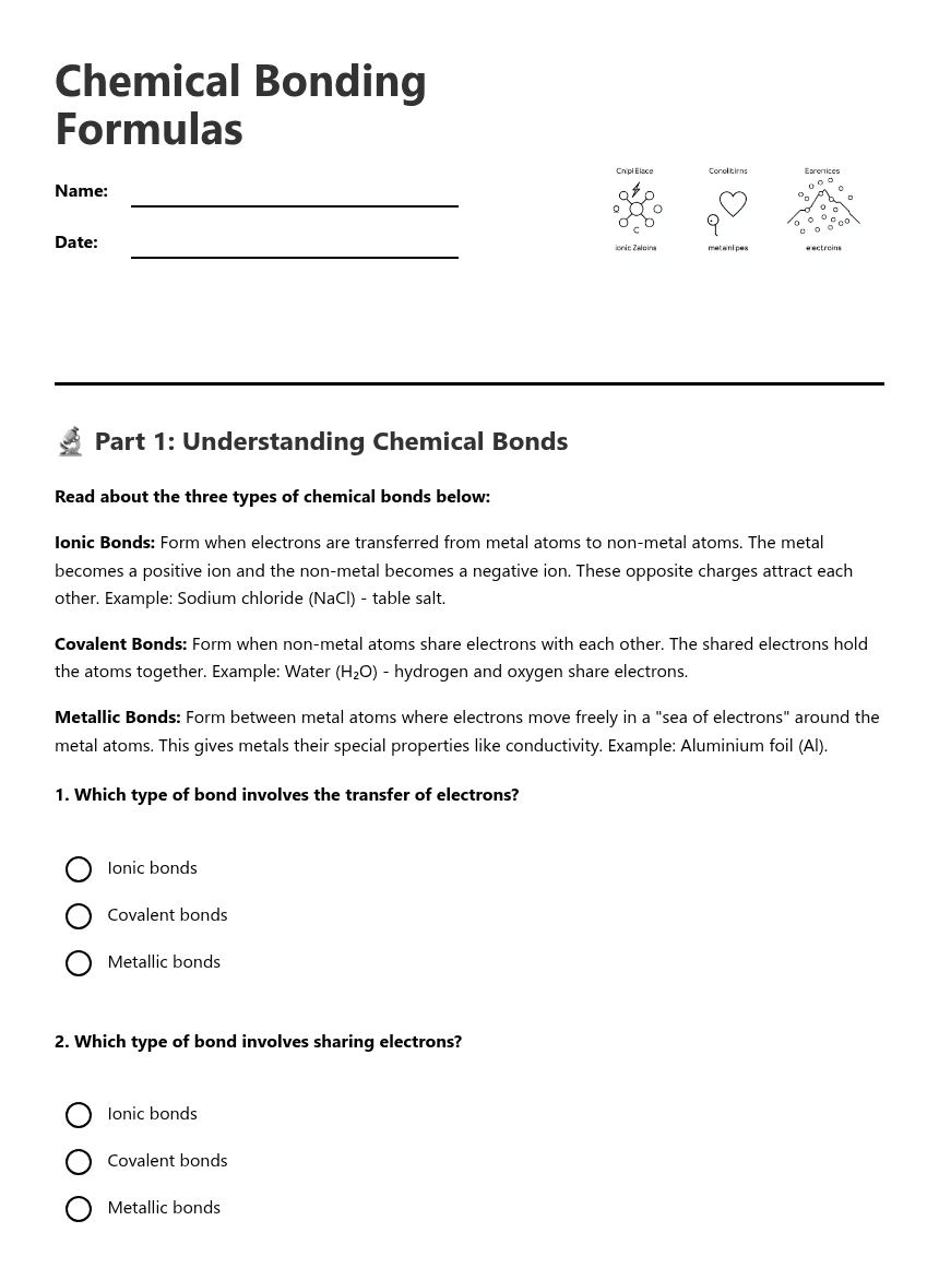 Chemical Bonding Formulas worksheet preview