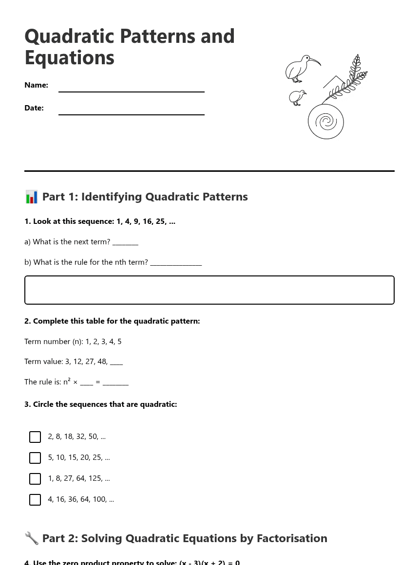 Quadratic Patterns and Equations worksheet preview