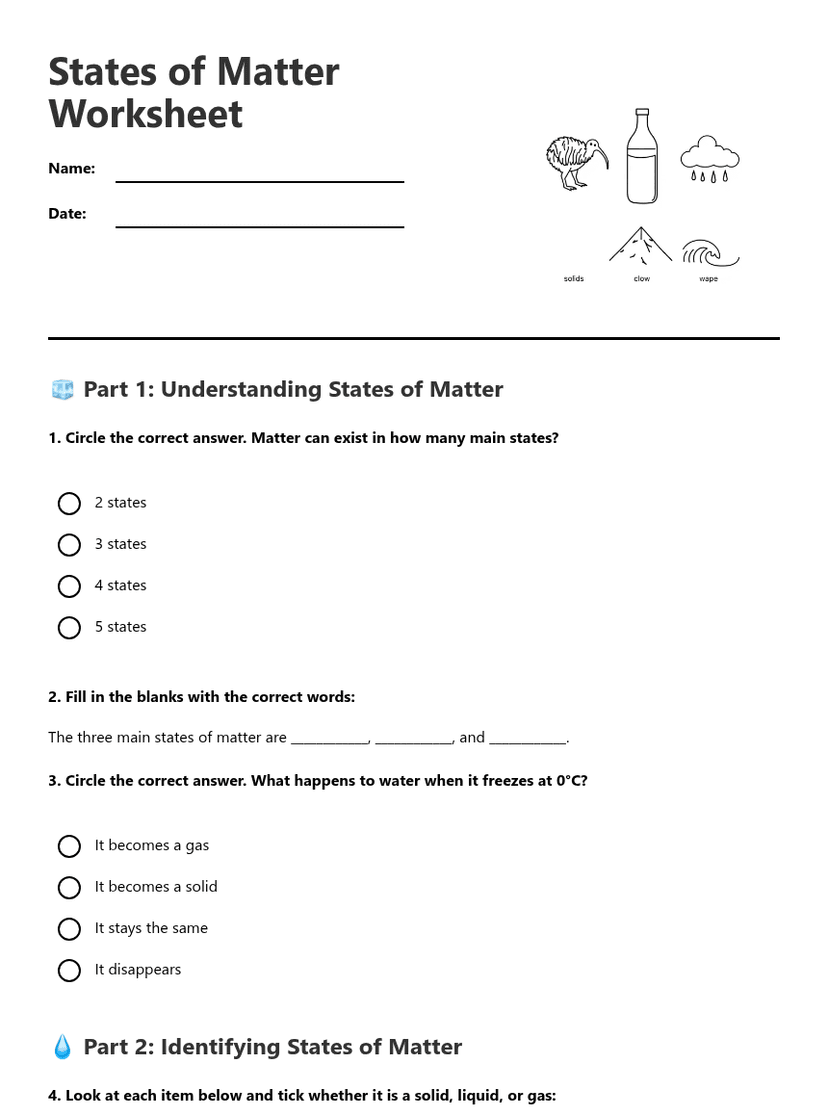States of Matter Worksheet