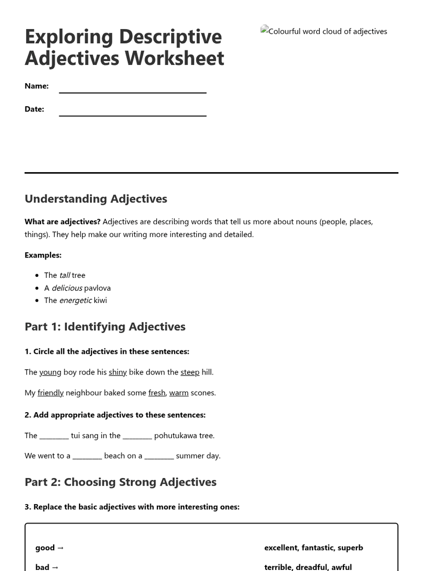 Exploring Descriptive Adjectives Worksheet