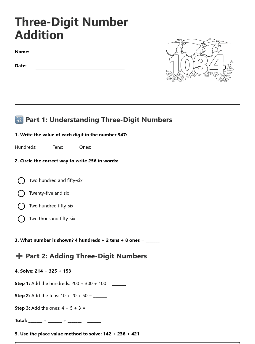 Three-Digit Number Addition worksheet preview