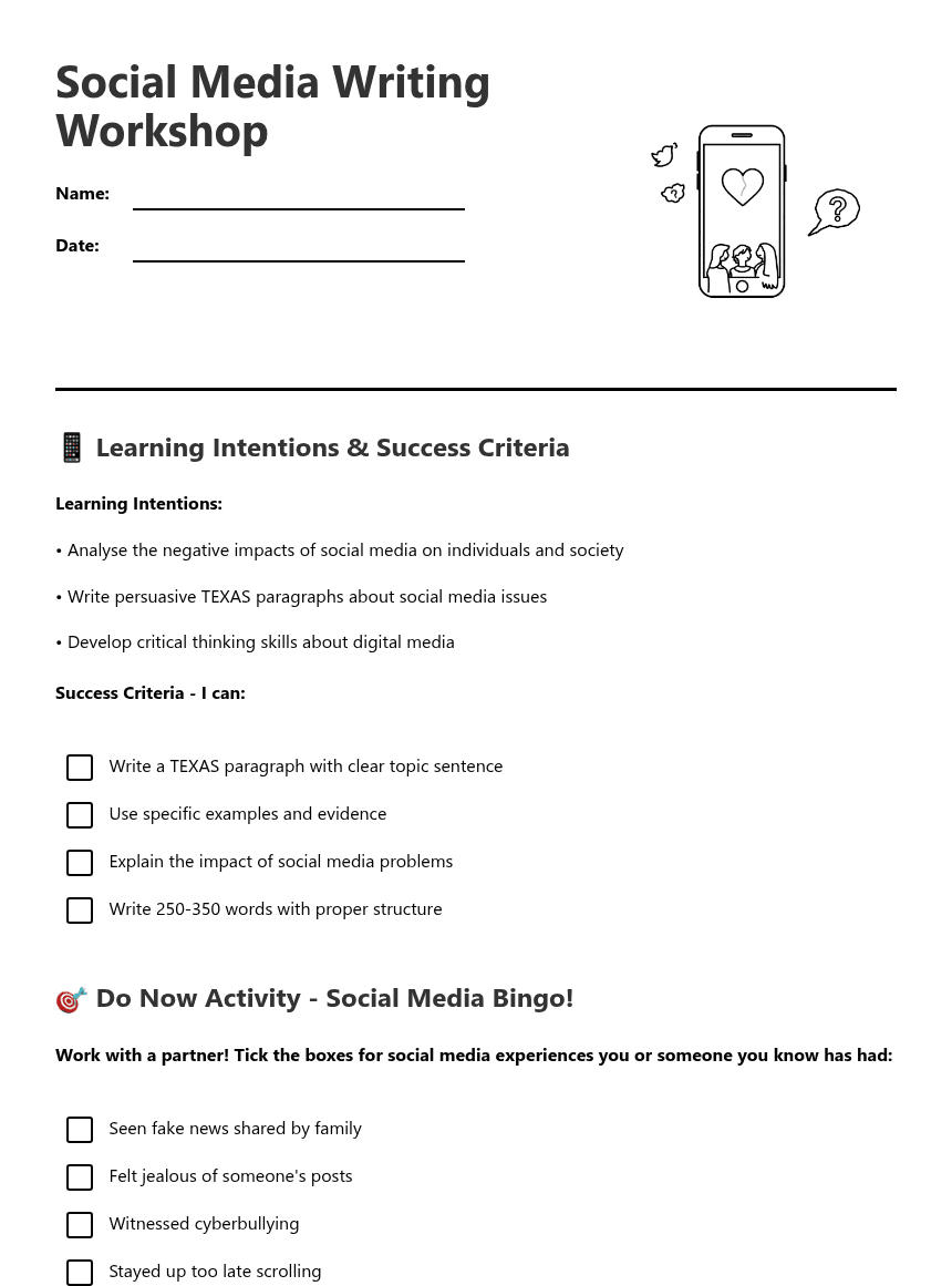 Social Media Writing Workshop worksheet preview
