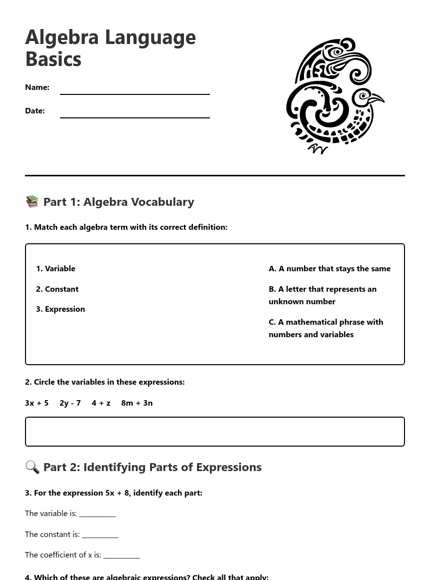 Algebra Language Basics worksheet preview