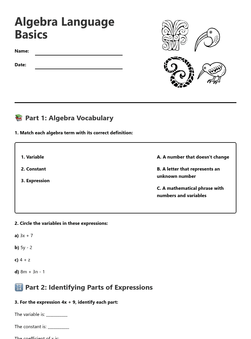 Algebra Language Basics worksheet preview