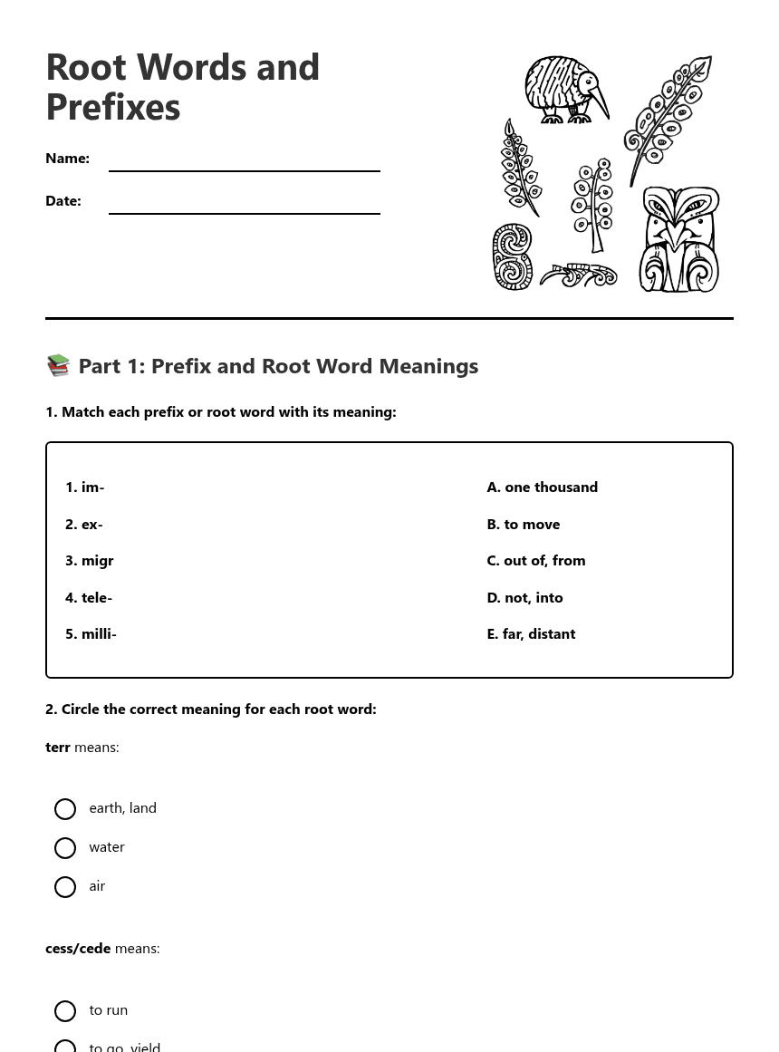 Root Words and Prefixes worksheet preview