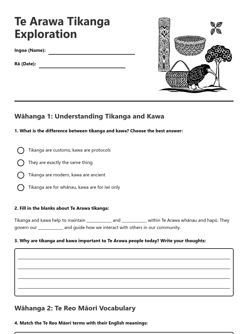 Te Arawa Tikanga Exploration worksheet preview
