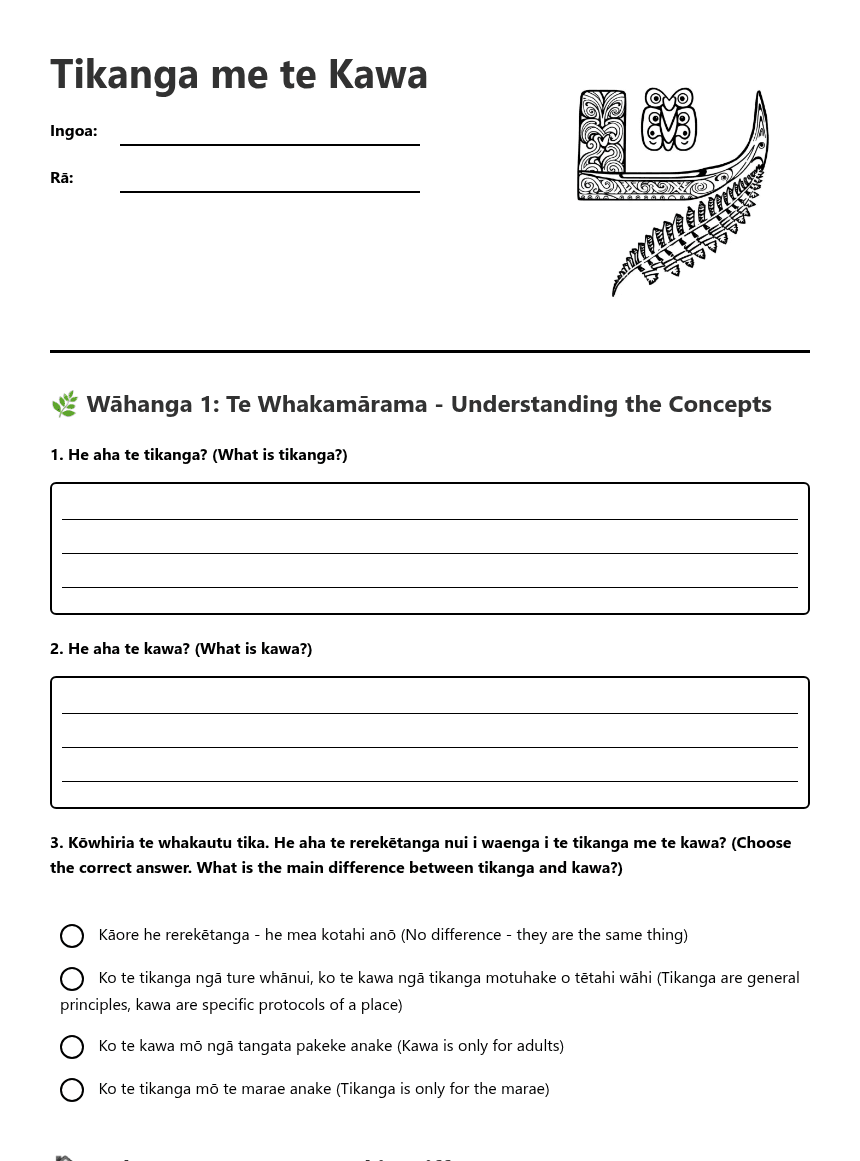 Tikanga me te Kawa worksheet preview