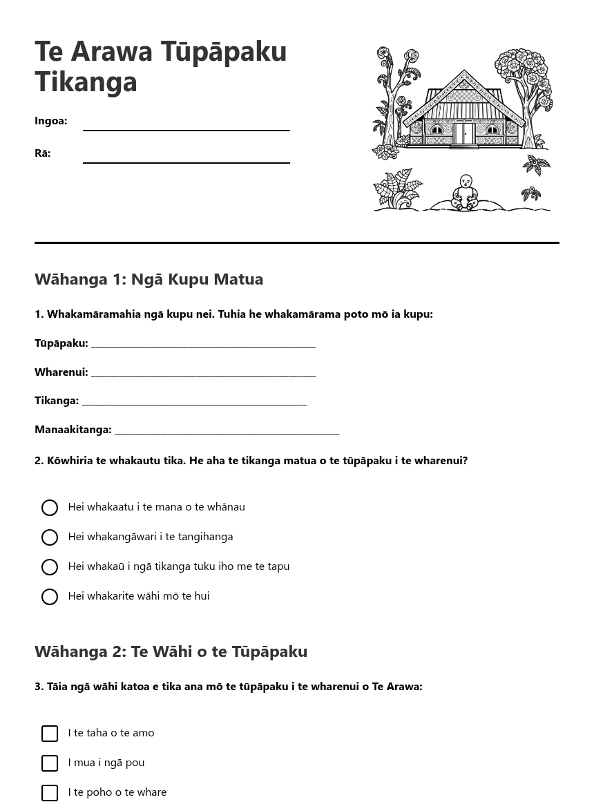 Te Arawa Tūpāpaku Tikanga worksheet preview