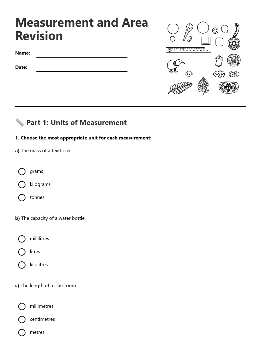 Measurement and Area Revision worksheet preview