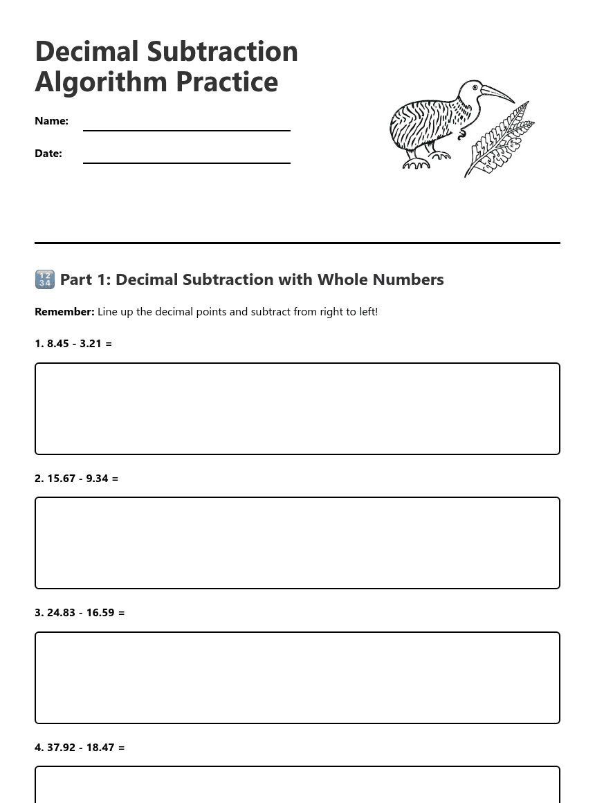 Decimal Subtraction Algorithm Practice worksheet preview