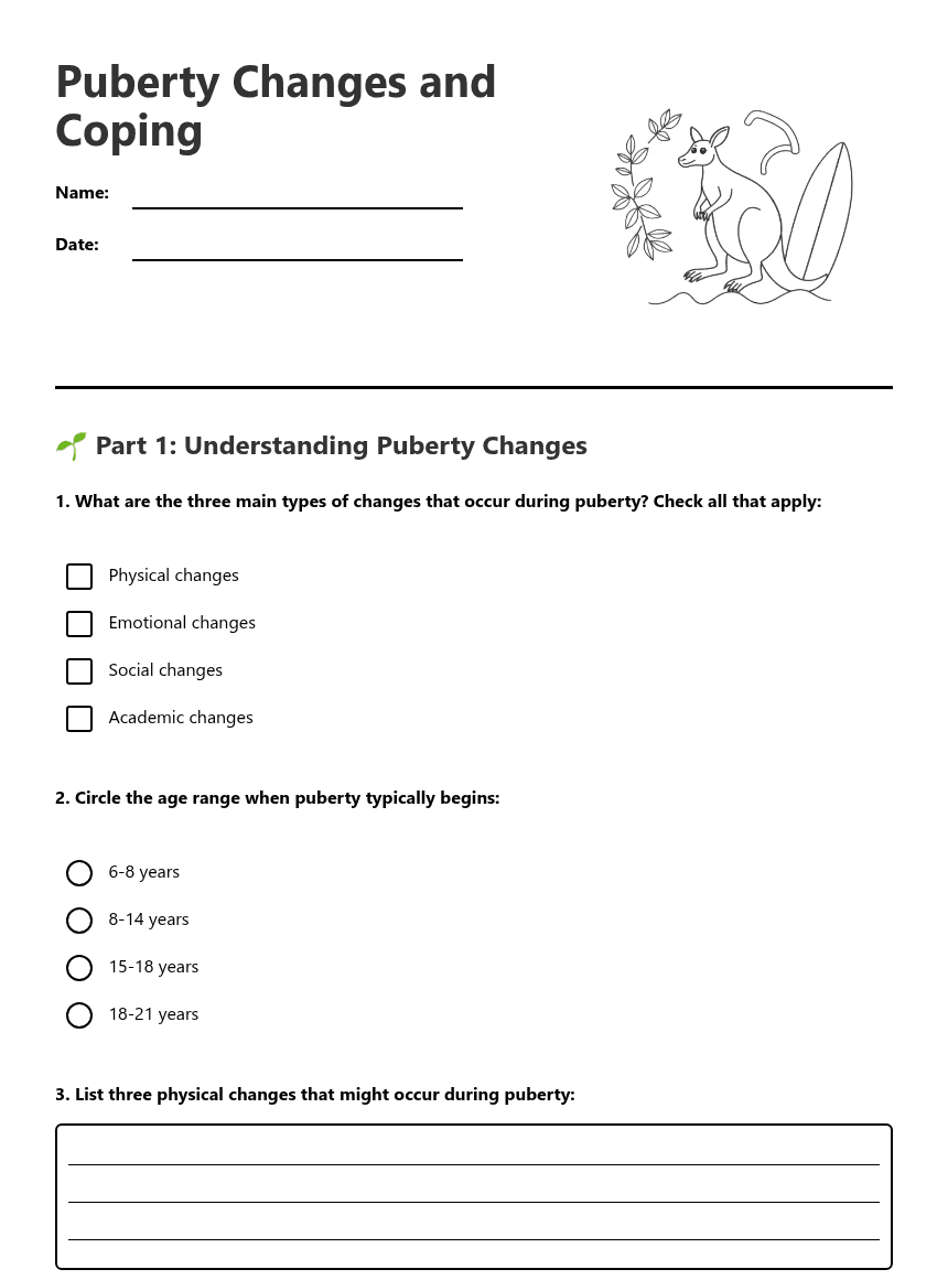 Puberty Changes and Coping worksheet preview