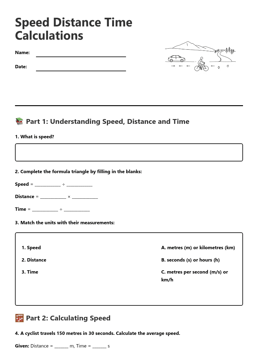 Speed Distance Time Calculations worksheet preview