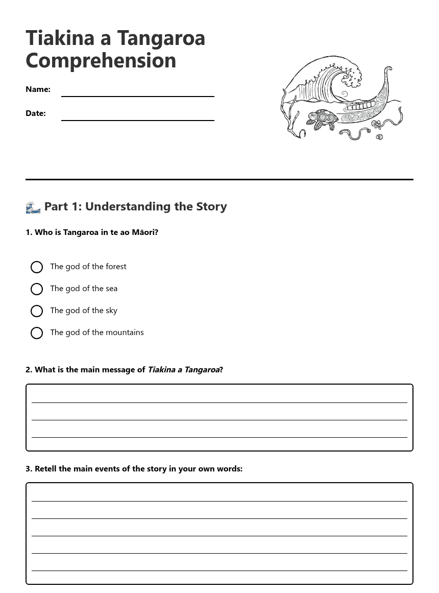 Tiakina a Tangaroa Comprehension worksheet preview