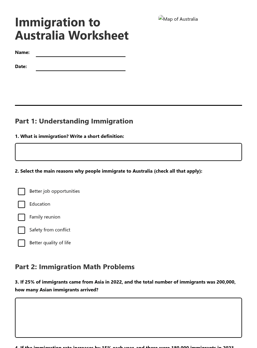 Immigration to Australia Worksheet worksheet preview