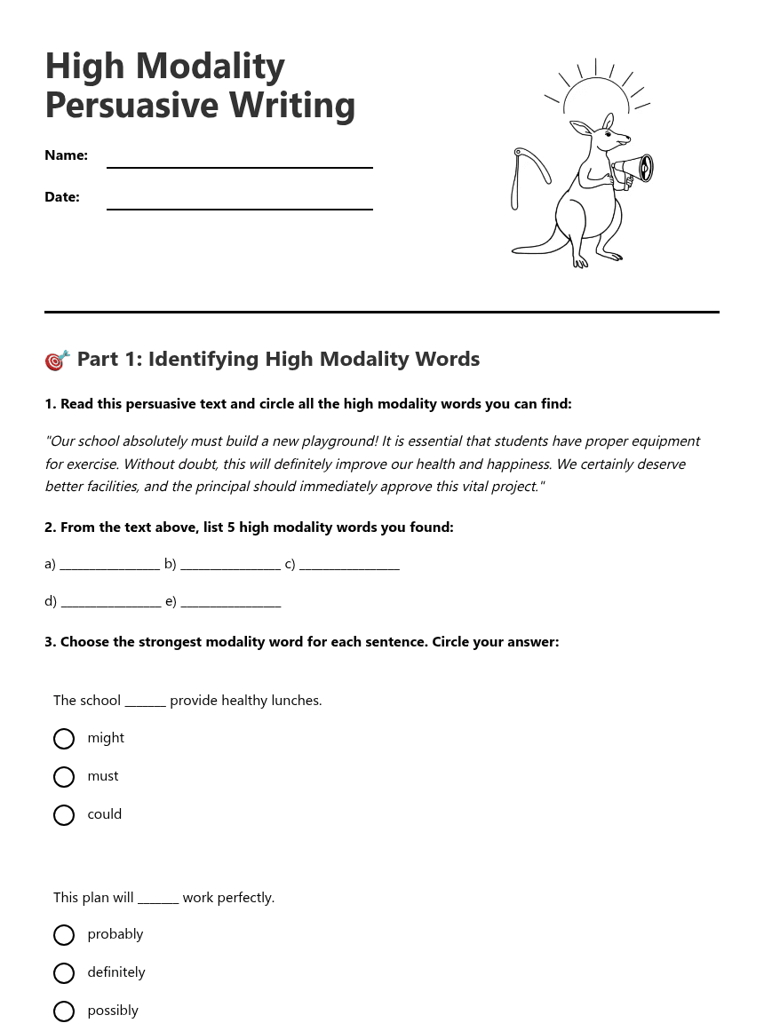 High Modality Persuasive Writing worksheet preview