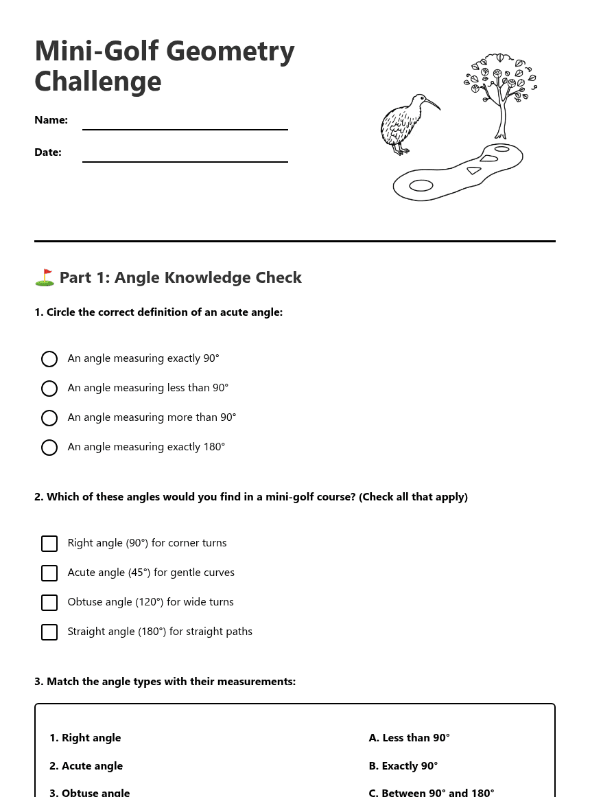 Mini-Golf Geometry Challenge worksheet preview